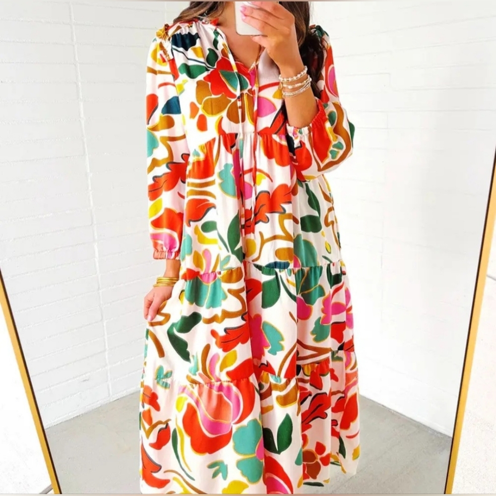 Lovesoft Orange Floral Print Split Vneck Tiered Maxi Dress - Picture 3 of 7